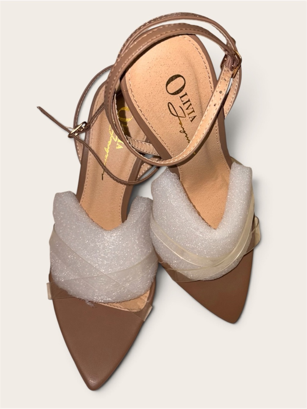Women's Tan Pointed-Toe Ankle-Strap Flats